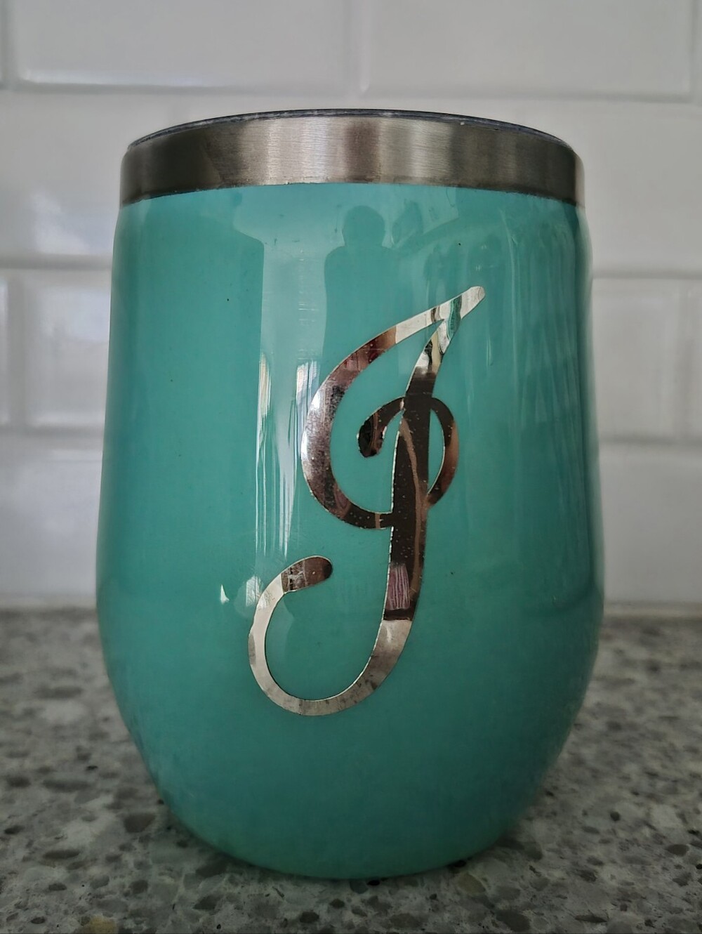 Monogram Turquoise Aqua Silver Initial Letter J Wine Tumbler
